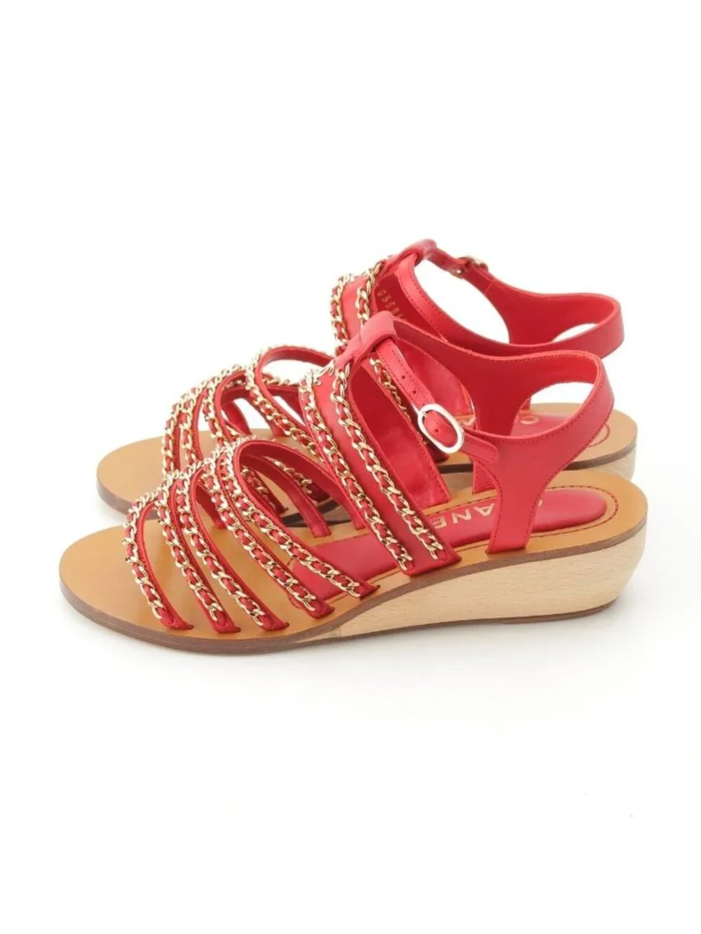 Chanel Leather Wood Chain Thick Sole Platform Sandals Red